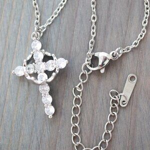 Cross & Crown Pendant with Clear CZ Diamond Necklace Silver Stainless Steel